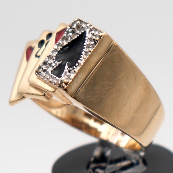 10k Gold Men’s Ring Poker Cards Diamond and Enamel SOLID Yellow Gold - Picture 2 of 8